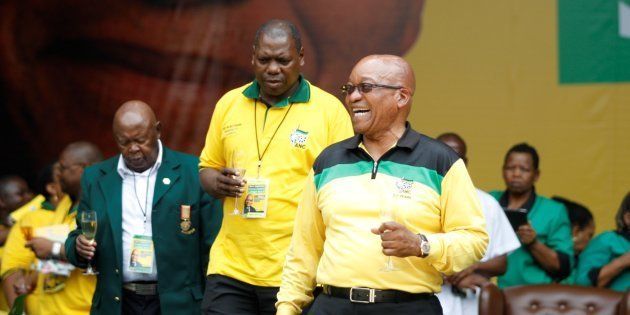 ANC leaders Zweli Mkhize and Jacob Zuma toasting during the launch of the ANC's Election Manifesto at Mbombela stadium in 2014 in Nelspruit.Photo by Vathiswa Ruselo/Sowetan/Gallo Images/Getty Images