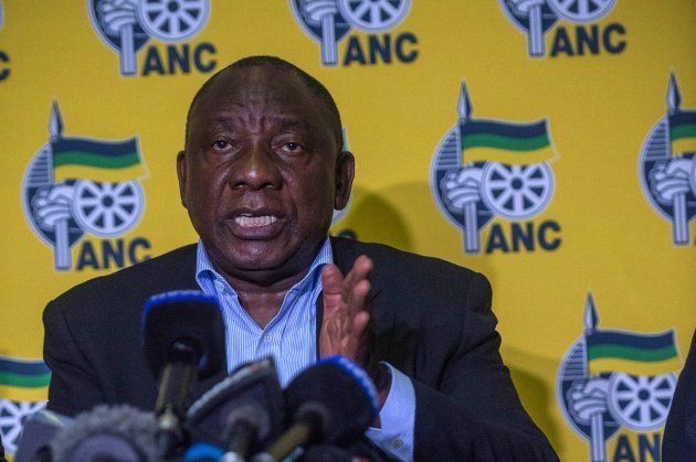 South African President Cyril Ramaphosa addresses the media after a meeting on April 20, 2018, as protest continued for a second day in the South African North West province capital of Mahikeng.