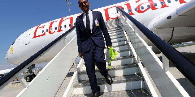 Thomas Gabreyohannes, Director for Germany and Central Europe of Ethiopian Airlines walks down the gangway of an Airbus A350-900 during a site-inspection at Fraport airport in Frankfurt, Germany, in May this year.