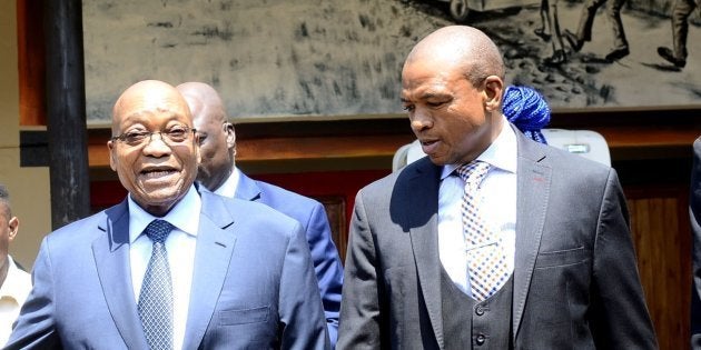 North West Premier Supra Mahumapelo and President Jacob Zuma during the unveiling of a monument dedicated to Zuma at the Groot Marico site on October 05, 2017 in North West, South Africa.