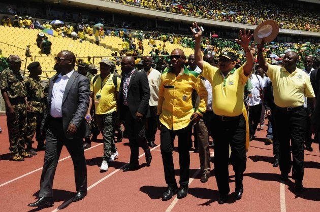 Premier of North West Supra Mahumapelo, former president Jacob Zuma and Cyril Ramaphosa during the 104th ANC birthday celebration rally on January 09, 2016 at the Royal Bafokeng stadium.