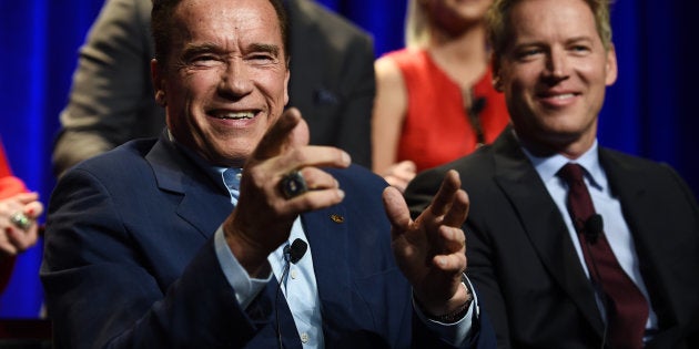 Arnold Schwarzenegger, left, has unveiled his new 'Celebrity Apprentice' catchphrase.