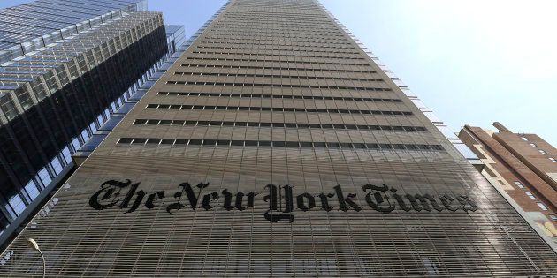 The facade and logo of the New York Times newspaper are pictured on April 13, 2018 in New York City.
