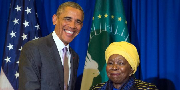 U.S. President Barack Obama, left, shakes hands during a bilateral meeting with African Union Commission chairperson, Dr. Nkosazana Dlamini Zuma, at the African Union, Tuesday, July 28, 2015, in Addis Ababa, Ethiopia. On the final day of his African trip, Obama is focusing on economic opportunities and African security. (AP Photo/Evan Vucci)