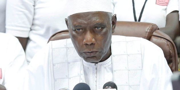 The president of Gambia's Independent Electoral Commission, Alieu Momarr Mjiar, announces presidential election results in Banjul, Gambia, December 2, 2016.