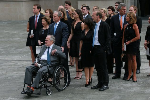 Former U.S. President George H.W. Bush attends the funeral service for his wife, former first lady Barbara Bush, with his son the 43rd U.S. President George W. Bush at St. Martin's Episcopal Church in Houston, Texas, U.S., April 21, 2018.