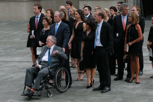 Former U.S. President George H.W. Bush attends the funeral service for his wife, former first lady Barbara Bush, with his son the 43rd U.S. President George W. Bush at St. Martin's Episcopal Church in Houston, Texas, U.S., April 21, 2018.