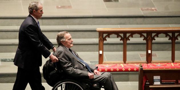 Former Presidents George W. Bush, and George H.W. Bush arrive at St. Martin's Episcopal Church for funeral services for former first lady Barbara Bush in Houston, Texas, U.S., April 21, 2018.