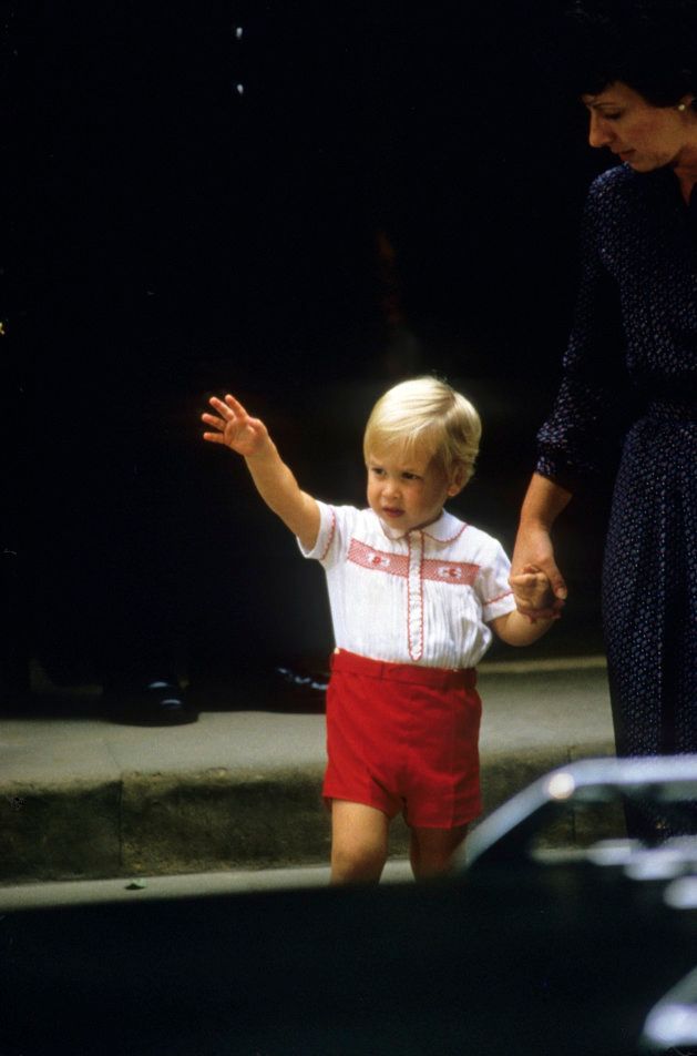 Prince William leaves the Lindo Wing of St. Mary's Hospital with his nanny Barbara Barnes after visiting his newborn brother Prince Harry on September 15, 1984 in London, England.