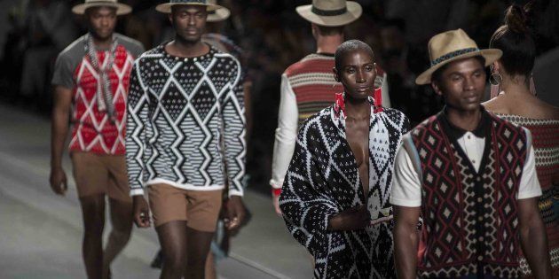 Models present creations of MaXhosa by Laduma during Mercedes-Benz Fashion Week Africa at African Pride Melrose Arch Hotel in Johannesburg. November 1, 2014.