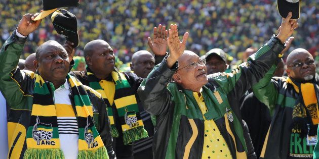African National Congress (ANC) president,Jacob Zuma (2nd R) waves to his supporters as he arrives for the parties traditional Siyanqoba rally ahead of the August 3 local municipal elections in Johannesburg, South Africa July 31, 2016. REUTERS/Siphiwe Sibeko