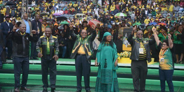 ANC treasurer general Zweli Mkhize, deputy president Cyril Ramaphosa, president Jacob Zuma, chairperson Baleka Mbete, secretary general Gwede Mantashe and deputy secretary general Jessie Duarte during the party's 105 birthday celebration in Soweto. (Photo by Frennie Shivambu/Gallo Images)