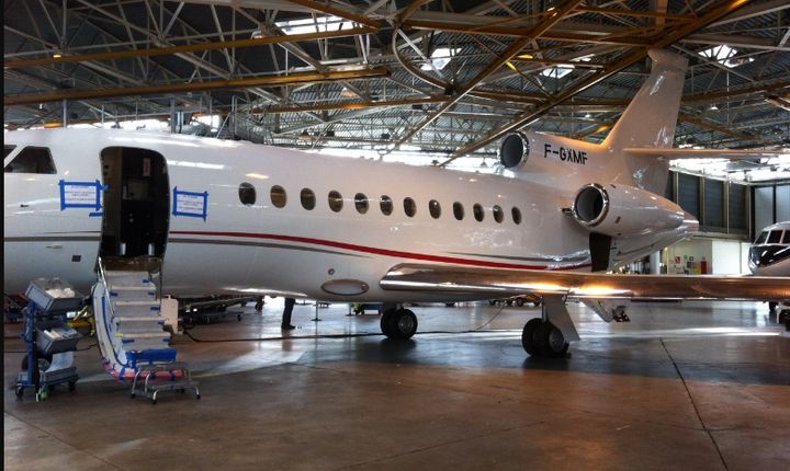 ZS-JCC being kitted out at Dassault Falcon Service centre at Paris' Le Bourget airport in September 2012, two months before its delivery to Christo Wiese.