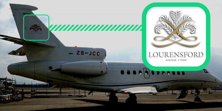 The insignia on the tail of Christo Wiese's Falcon jet is exactly the same as the emblem of Lourensford Wine Estate outside Somerset-West, which is also owned by Wiese.