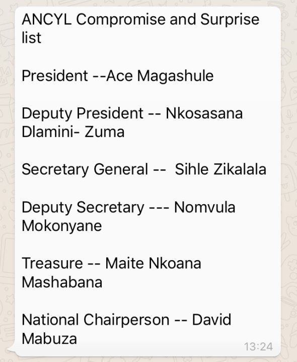 One of the slates with candidates for the ANC's leadership elections in Decmber doing the rounds.