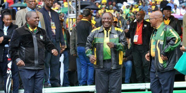 ANC's top leaders, Zweli Mkhize, Cyril Ramaphosa and President Jacob Zuma during the organization's 105th birthday celebrations on January 8, 2017 at the at Orlando Stadium in Soweto .The ANC held its annual January 8th statement at the Orlando stadium.