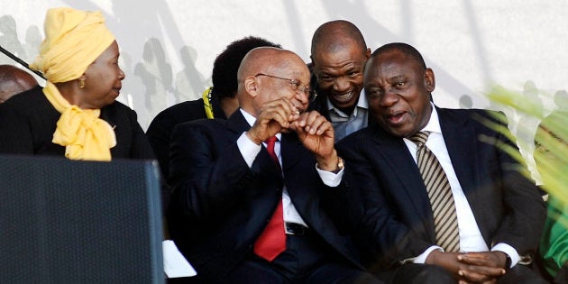 President Jacob Zuma, Cyril Ramaphosa and Nkosazana Dlamini-Zuma during the national Women's Day celebrations at the Union Buildings on August 9, 2016 in Pretoria.