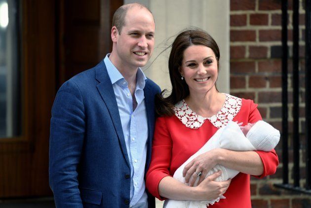 The Duke and Duchess of Cambridge leave St. Mary's Hospital with their son Prince Louis on April 23, 2018.