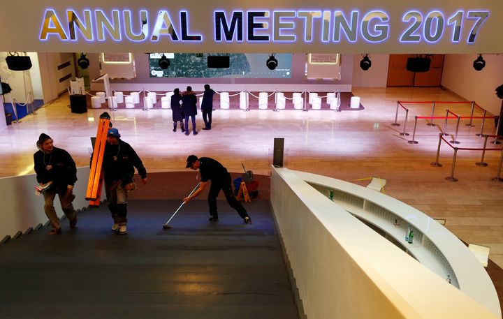 Staffs of the World Economic Forum (WEF) prepare the annual WEF meeting in the congress centre in Davos, Switzerland on January 15, 2017.