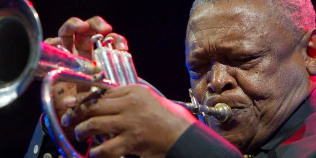 South African jazz trumpeter Hugh Masekela in concert at Torino Jazz Festival in 2015.