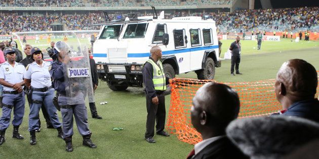 Crowd violence during the Nedbank Cup semi-fnal match between Kaizer Chiefs and Free State Stars at Moses Mabhida Stadium on April 21, 2018 in Durban.