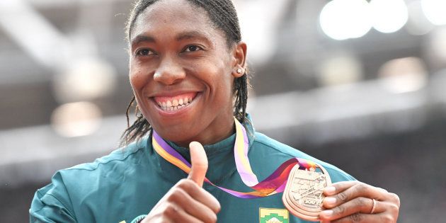 Caster Semenya on the podium during the victory ceremony for the Women's 1,500m at the 2017 IAAF World Championships in the London Stadium in London on August 8 2017.