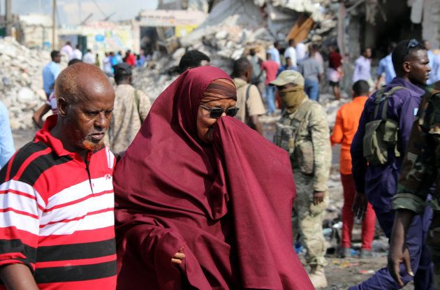 A Somali woman mourns at the scene of an explosion in KM4 street in the Hodan district of Mogadishu, Somalia October 15, 2017.