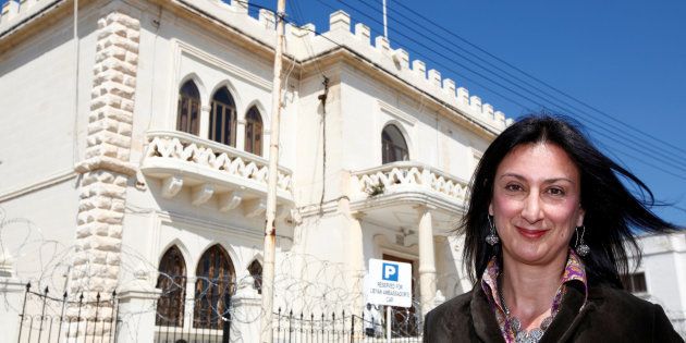 Maltese investigative journalist Daphne Caruana Galizia outside the Libyan Embassy in Valletta.