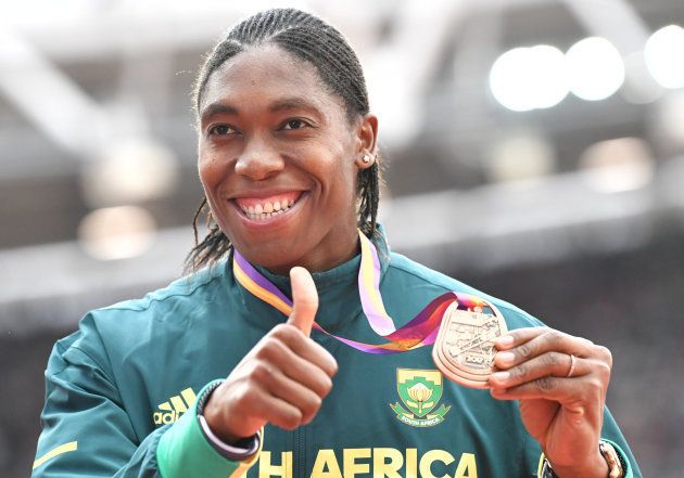 Caster Semenya on the podium during the victory ceremony for the Women's 1,500m at the 2017 IAAF World Championships in the London Stadium in London on August 8 2017. (Photo credit: Andrej Isakovic/ AFP/ Getty Images)