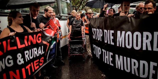 Members of the South African civil society organisation AfriForum and other civil organisation members prepare to march to the Union Buildings to raise awareness on farm attacks on November 25, 2017 in Pretoria, South Africa.