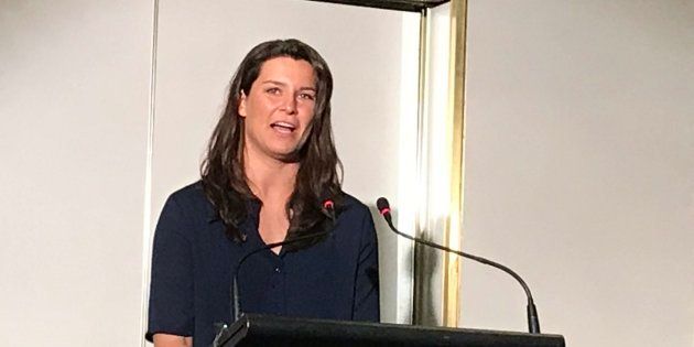 Boyle speaking at the Mind The Facts event in Canberra.