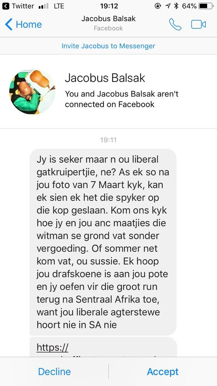 One "Jacobus Balsak" says to Professor Elmien du Plessis in Afrikaans that after seeing a picture she posted on March 7 it is clear why she is a "liberal arse-licker"