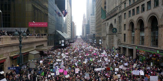 Protesters attend the Women's March to protest President Donald Trump in New York, USA on January 21, 2017. Thousands of protesters demonstrated across the US against the US President Donald Trump after Trump was sworn in as the 45th U.S. president. (Photo by Selcuk Acar/Anadolu Agency/Getty Images)