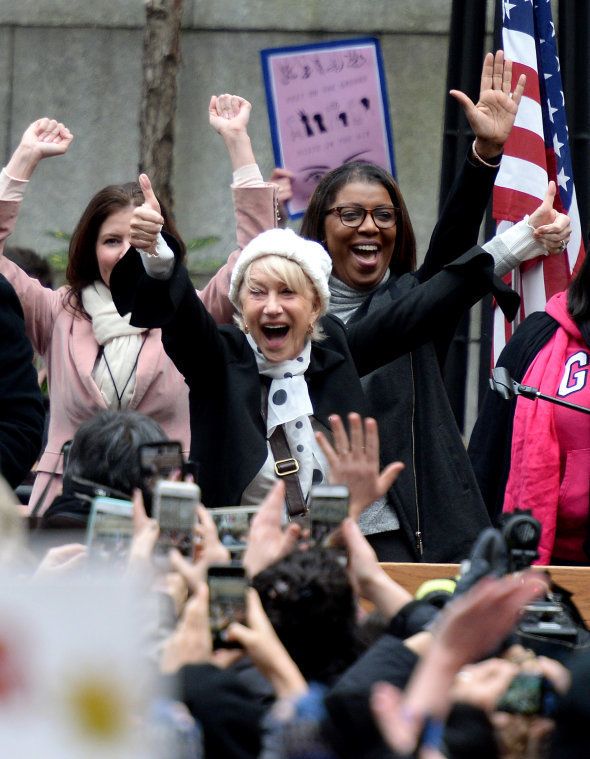 Helen Mirren speaks during the 2017 Women's March - Sister March in New York on January 21, 2017 in New York City.