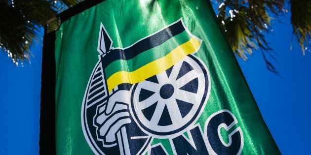 ANC signage sits on a banner during the 54th national conference of the African National Congress party (ANC) in Johannesburg, South Africa, on Saturday, Dec. 16, 2017.