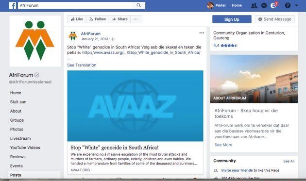 A petition against "white genocide" on AfriForum's Facebook page which the organisation asks its supporters to sign.