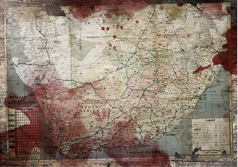 A map of South Africa seemingly soaked in blood. This image appears on a promotional website for Ernst Roets' book 'Kill the Boer'. It has not yet been released.