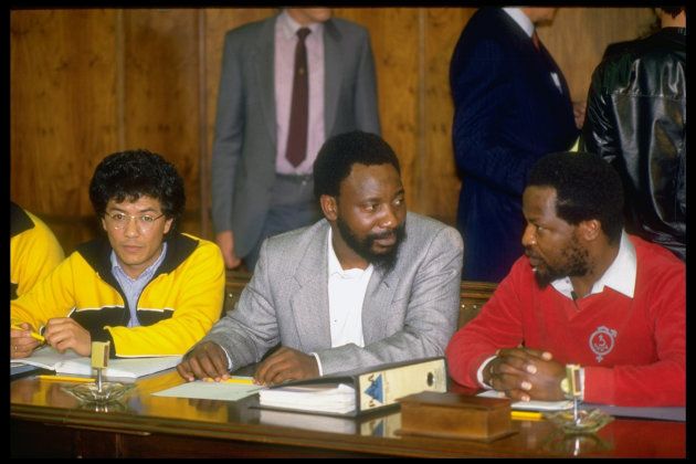 (L-R) NUM - Natl. Union of Mineworkers officials Mahlatsi, Ramaphosa & Golding during miners' strike talks w. Anglo- American mine reps. (Photo by William F. Campbell/The LIFE Images Collection/Getty Images)