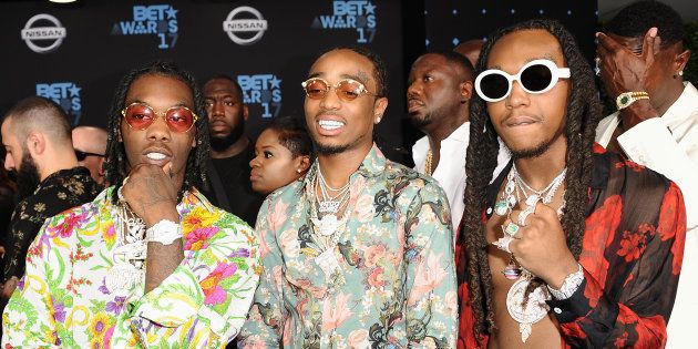 LOS ANGELES, CA - JUNE 25: Quavo, Offset and Takeoff of Migos attend the 2017 BET Awards at Microsoft Theater on June 25, 2017 in Los Angeles, California. (Photo by Jason LaVeris/FilmMagic)