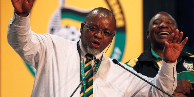 Gwede Mantashe, who has since been appointed Minister of Mineral Resources, gestures at the end of the ANC national conference at Nasrec in Johannesburg. December 21 2017.