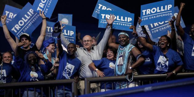 Athol Trollip and supporting members react after he is announced as the winner in the vote for federal chairperson of the DA.