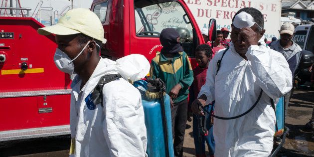 Council workers ready to start the clean-up operation of the market of Anosibe in the Anosibe district, one of the most unsalubrious district of Antananarivo on October 10, 2017.The World Health Organization has warned that a deadly outbreak of the plague, which began in late August, has claimed more than 20 lives in Madagascar and is swiftly spreading in cities across the country. Rats are porters of fleas which spread the bubonic plague and are attracted by garbages and unsalubrity. Pneumonic plague, which is passed through person-to-person transmission, has also been recorded.
