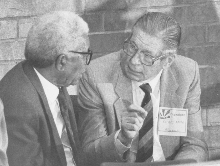 Beyers Naudé and Walter Sisulu deep in conversation after Sisulu's release from prison.