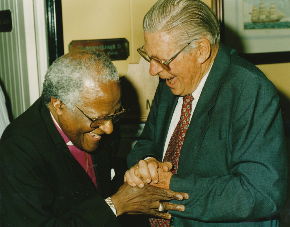 Then Archbishop Desmond Tutu and Beyers Naudé at a dinner in Naudé's honour in 1995.