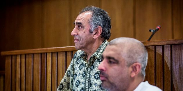 Mohamed Timol (L), brother of late anti-apartheid activist Ahmed Timol and Imtiaz Cajee (R), nephew of Timol give a press conference after the High Court judge ruled police murdered Timol while in police custody in 1971, on October 12, 2017 at the Pretoria High Court.