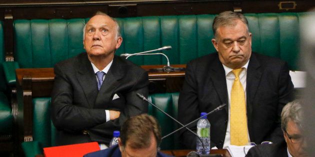 Former Steinhoff chairperson Christo Wiese and the company's executives appear at a parliamentary hearing into the Steinhoff scandal on January 31 2018 in Cape Town.