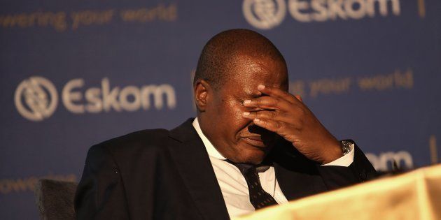 The then-Eskom CEO Brian Molefe breaks down while talking about his relationship with the Guptas during a media conference where Eskom released its interim financial results on November 3, 2016 in Johannesburg. Molefe had defended Eskom's deal with Tegeta, a Gupta-owned company, saying that allegations levelled against him in the Public Protector's State of Capture report were unfounded.