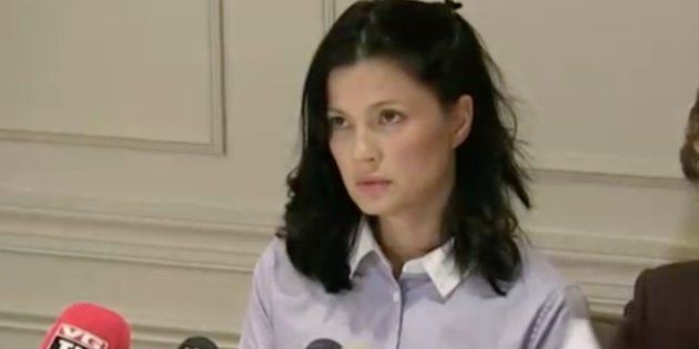 Actress and model Natassia Malthe speaks out against Harvey Weinstein during a news conference on Wednesday.