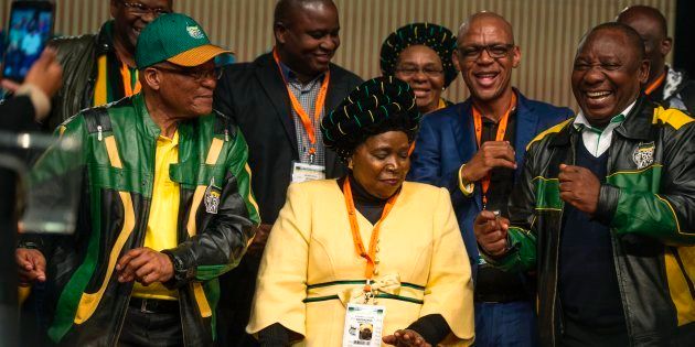 South African President Jacob Zuma (L), former African Union Chairperson and presidential hopeful Nkosazana Dlamini-Zuma (C) and South African Deputy President Cyril Ramaphosa.