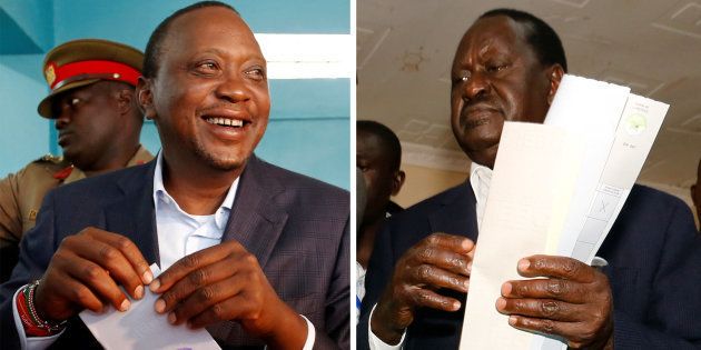 A combination picture shows Kenyan opposition leader Raila Odinga, presidential candidate for the National Super Alliance (NASA) coalition, and incumbent President Uhuru Kenyatta casting their votes during the presidential election: Kenya 8 August 2017.